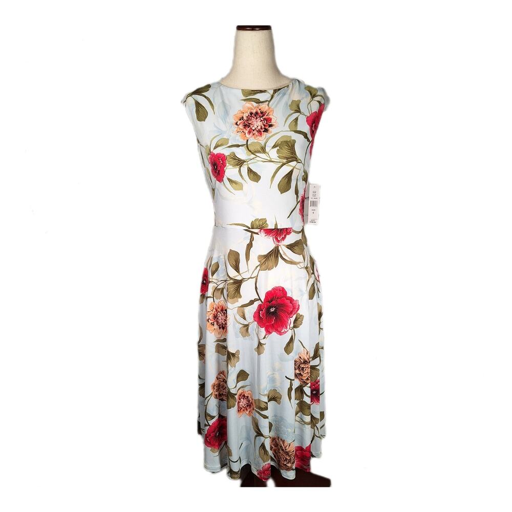 NWT $100 Glamour Floral A-Line Stretchy Dress, 6, Blue, Pink, Green, Gold